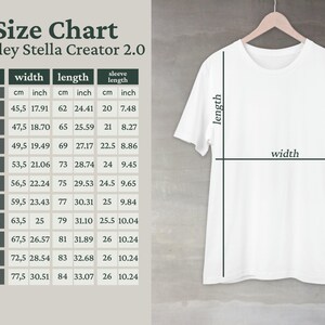 Size chart for the Stanley/Stella Creator 2.0 unisex t-shirt: width, length and sleeve length in cm and inches, sizes 2XS to 5XL