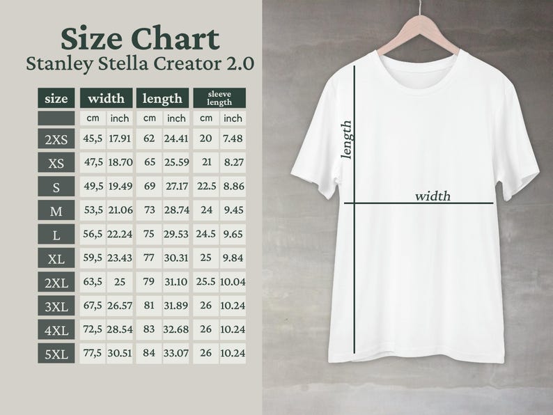 Size chart for the Stanley/Stella Creator 2.0 unisex t-shirt: width, length and sleeve length in cm and inches, sizes 2XS to 5XL