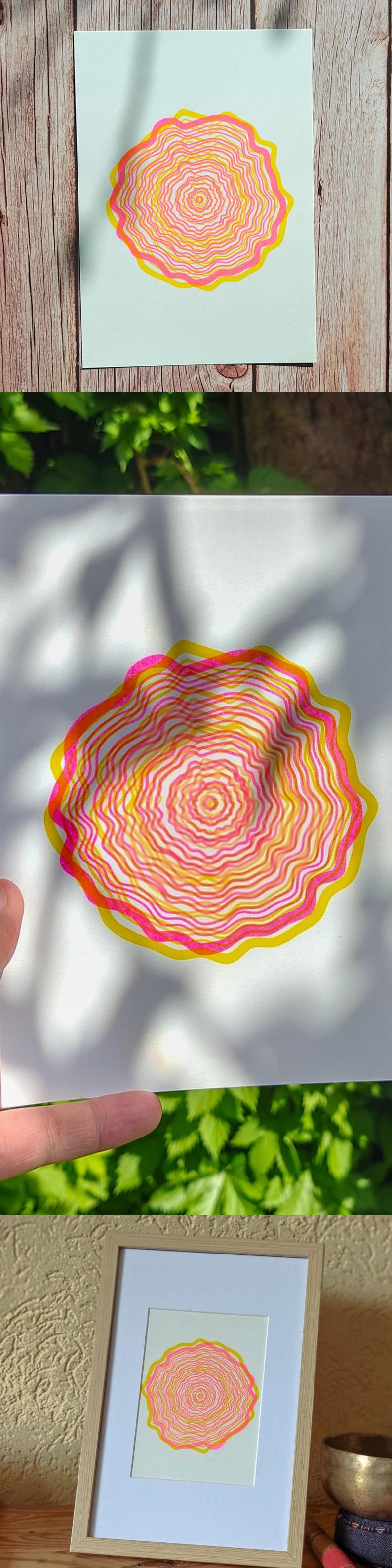 Three-panel photo collage of the A5 riso tree rings print — held outdoors top, close-up of the pink, yellow and orange concentric ring shapes in sunlight middle, framed on a shelf next to a singing bowl bottom