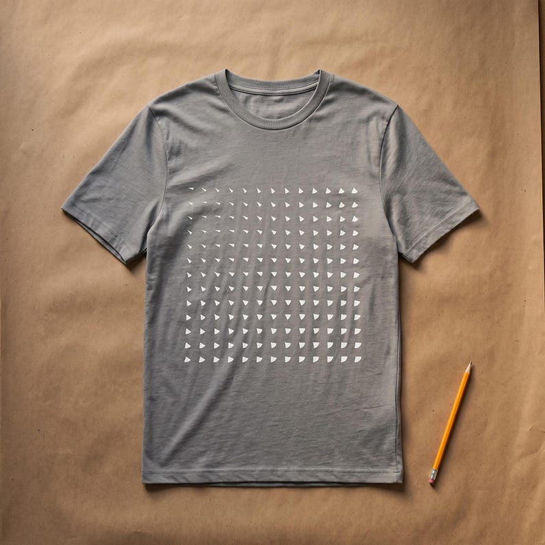 Mid heather grey t-shirt with the white generative triangle grid print, flat lay on kraft paper with a pencil