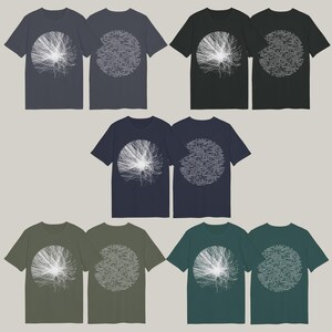 Colour overview of the 2-sided t-shirt in 5 colours: anthracite, black, french navy, khaki and glazed green — each showing particle front and code back