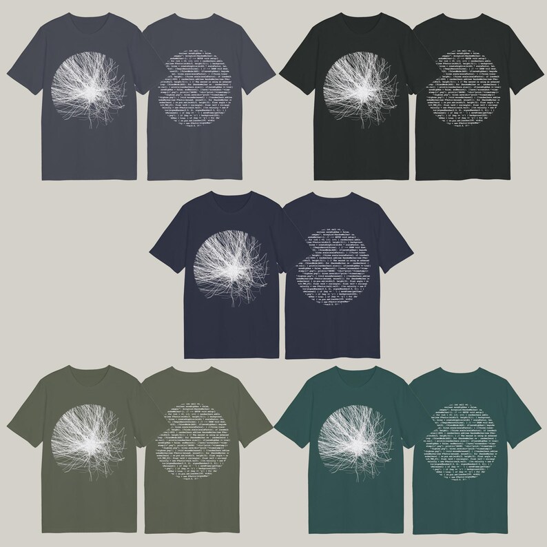 Colour overview of the 2-sided t-shirt in 5 colours: anthracite, black, french navy, khaki and glazed green — each showing particle front and code back
