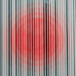 Collage of the handmade A3 riso print: angled view, full print with the orange circle and teal stripes, and the print on kraft paper