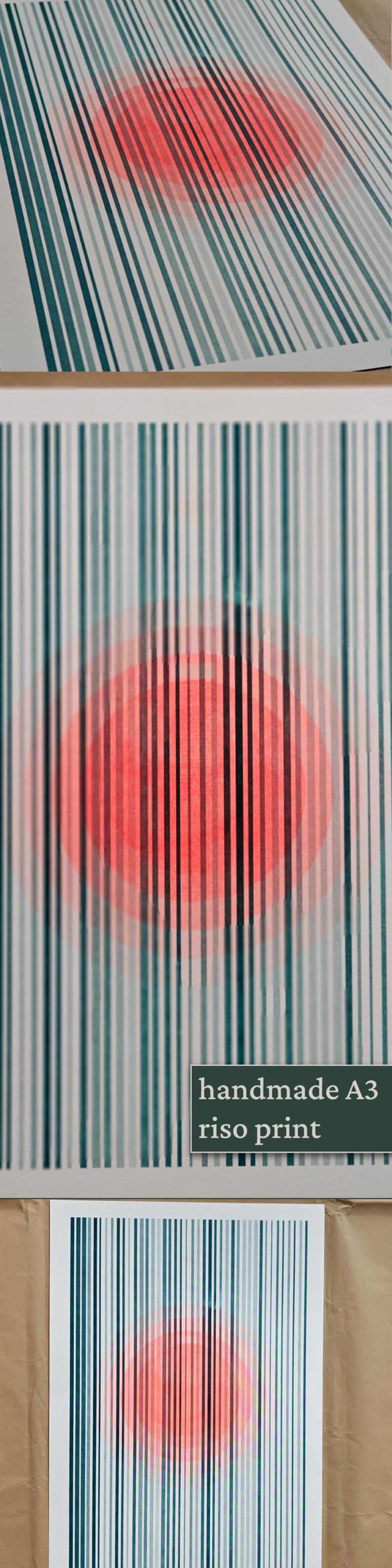 Collage of the handmade A3 riso print: angled view, full print with the orange circle and teal stripes, and the print on kraft paper