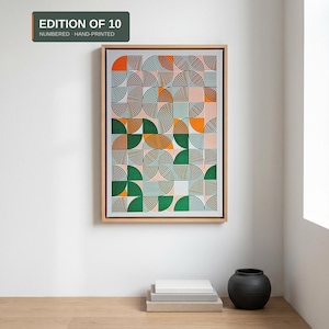 Geometrischer Raster-Risographie-Druck, Auflage von 10 | Bauhaus-Retro-Wandkunst, Grün-Orange (A3)