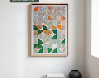Geometric Grid Risograph Print, Edition of 10 | Bauhaus Retro Wall Art, Green Orange (A3)