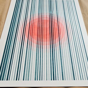 Minimalist A3 riso print with a fluorescent orange circle and teal stripe pattern, gallery-quality contemporary wall art
