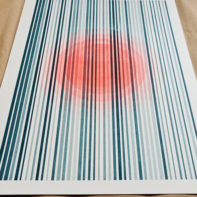 Minimalist A3 riso print with a fluorescent orange circle and teal stripe pattern, gallery-quality contemporary wall art