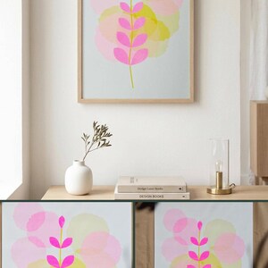 Pinterest collage of the A3 Botanical Risograph Print by Abstract Threads: the print in a room or in hand, the full print, and a close-up of the risograph ink