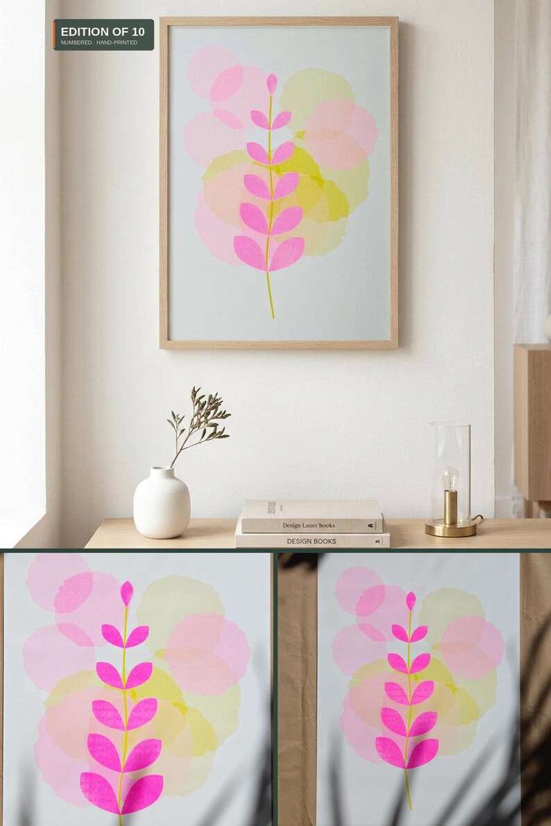 Pinterest collage of the A3 Botanical Risograph Print by Abstract Threads: the print in a room or in hand, the full print, and a close-up of the risograph ink