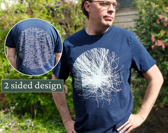 May include: Navy blue t-shirt with a white abstract design on the front and a white text design on the back. The shirt is a two-sided design. The person in the image is wearing glasses and is standing outside.