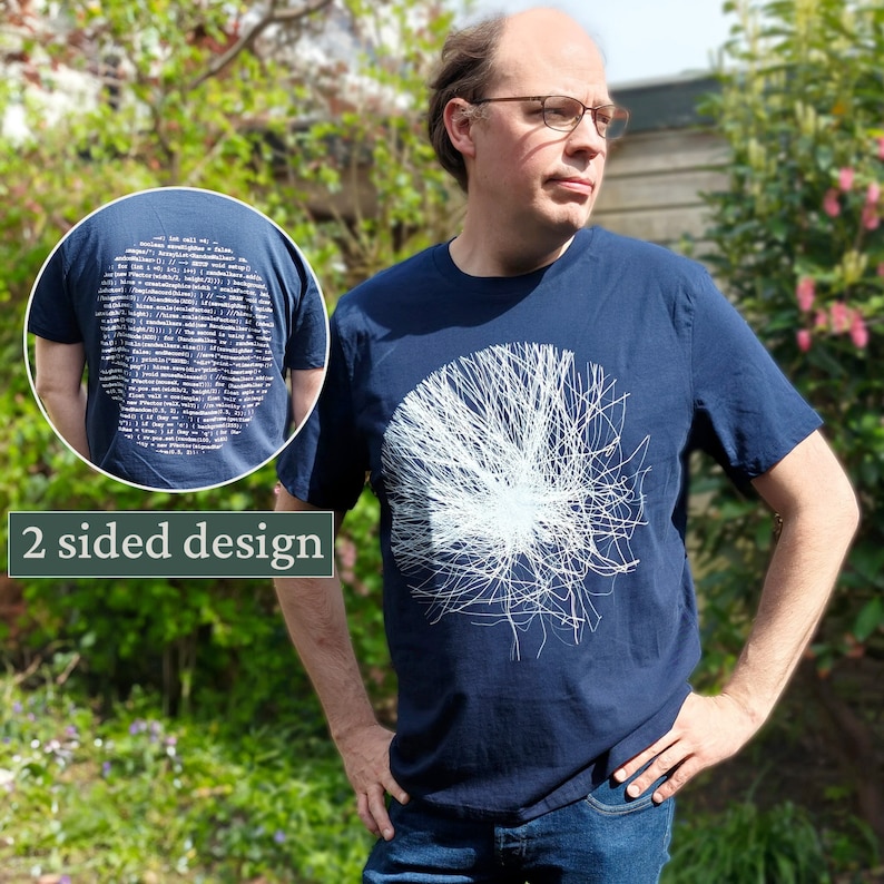 Unisex t-shirt with a circular white particle line print, sustainable organic cotton, minimalist coding-inspired design by Abstract Threads