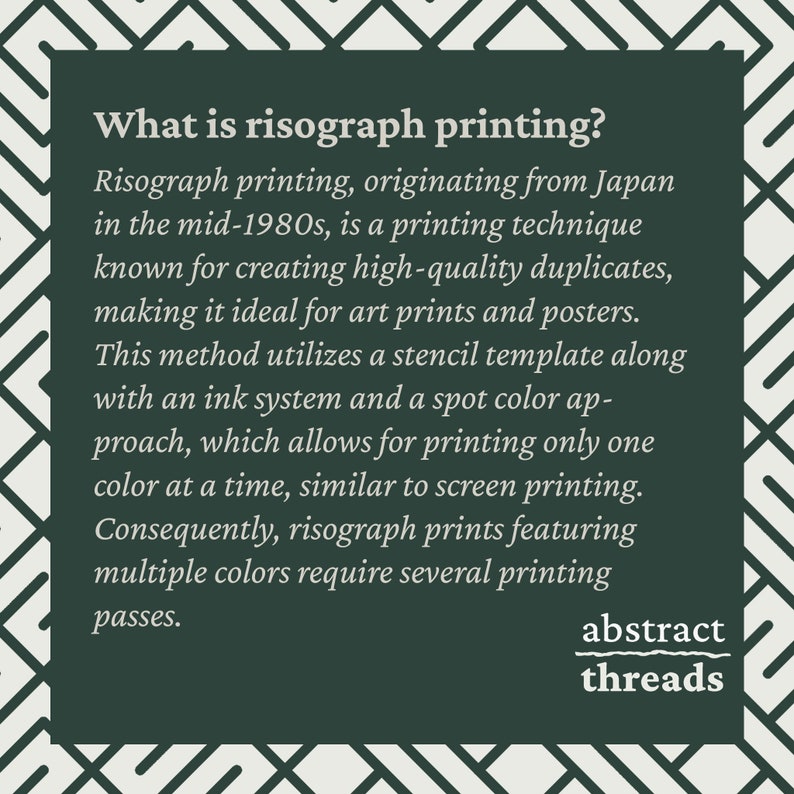 Infographic explaining risograph printing — handmade with soy ink on paper by Abstract Threads, made in the Netherlands