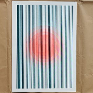 Limited edition A3 risograph print — geometric circle design with fluorescent orange behind teal stripes for modern interiors