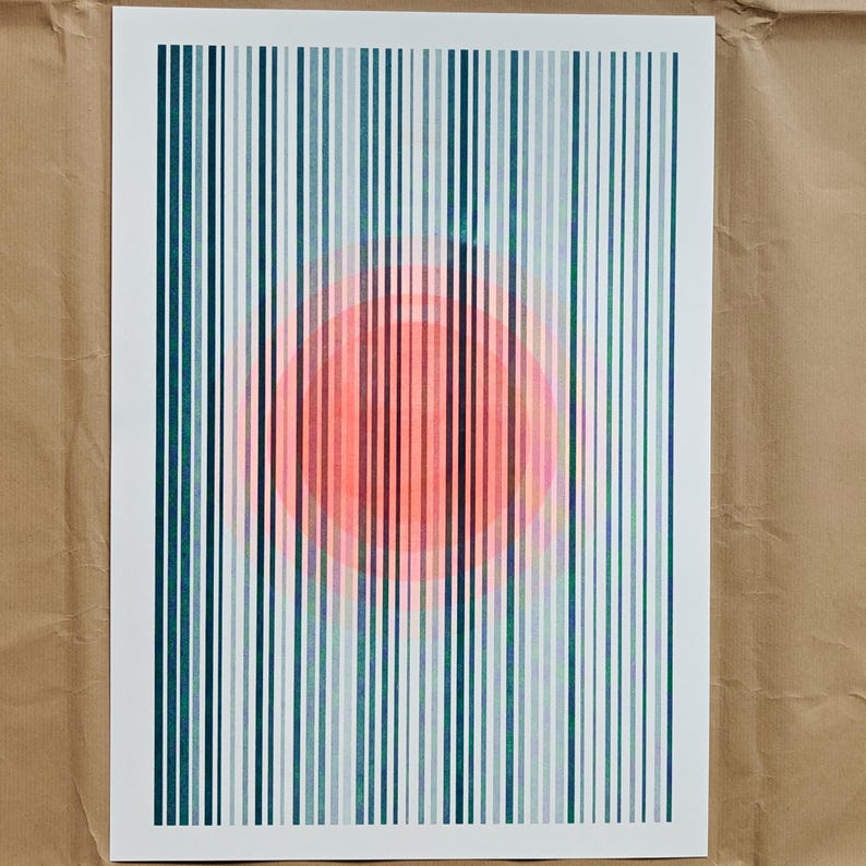 Limited edition A3 risograph print — geometric circle design with fluorescent orange behind teal stripes for modern interiors