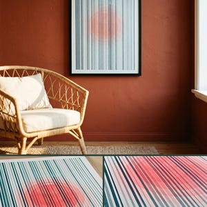 Pinterest collage of the Fluorescent Circle Riso Print A3 by Abstract Threads: the print in a room or in hand, the full print, and a close-up of the risograph ink