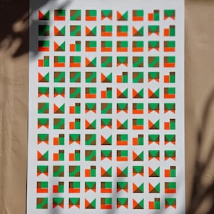 Limited edition geometric riso print in green, orange and brown tones — modern minimalist wall art, signed by the artist