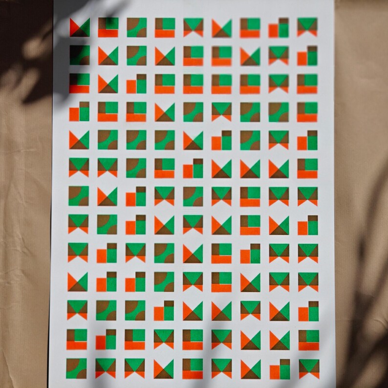 Limited edition geometric riso print in green, orange and brown tones — modern minimalist wall art, signed by the artist