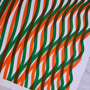 Close-up of the risograph print revealing the grainy riso ink texture of overlapping green, orange and brown wavy lines