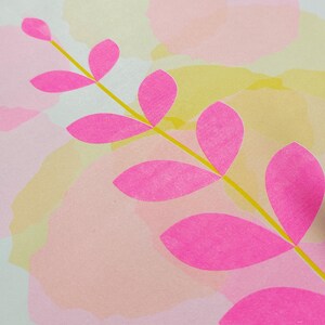A3 riso print with a nature-inspired pink leaf motif and soft yellow circles, limited edition botanical wall art
