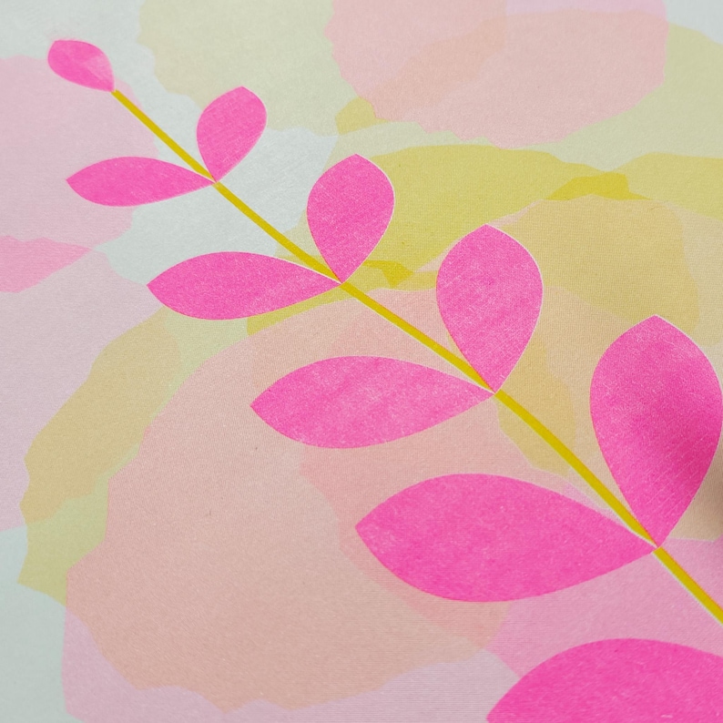 A3 riso print with a nature-inspired pink leaf motif and soft yellow circles, limited edition botanical wall art