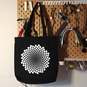 Black Canvas Tote Bag | Generative Code Spiral Dots Art Print