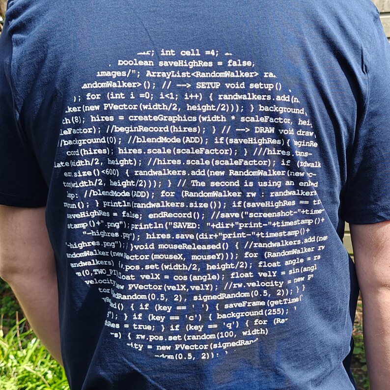 Close-up of the back of the navy t-shirt showing the white programming source code print wrapping around the fabric