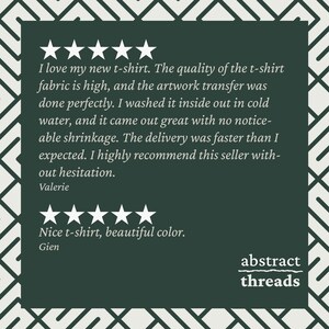 Five-star customer reviews for Abstract Threads t-shirts — verified buyers praising fabric quality, print and delivery speed