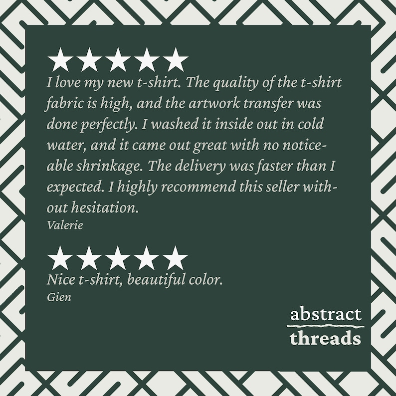 Five-star customer reviews for Abstract Threads t-shirts — verified buyers praising fabric quality, print and delivery speed