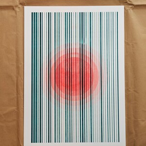 Modern geometric A3 risograph print — a fluorescent orange circle glowing behind vertical teal stripes, limited edition on premium Biotop paper