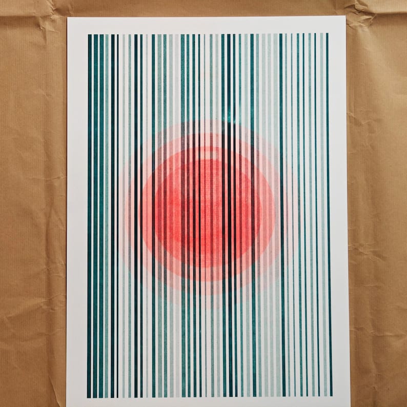 Modern geometric A3 risograph print — a fluorescent orange circle glowing behind vertical teal stripes, limited edition on premium Biotop paper