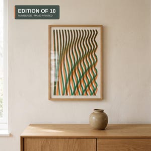 Handmade A3 Risoprint, Limited Edition of 10 | Green and Orange Wavy Lines Wall Art