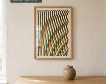 Handmade A3 Risoprint, Limited Edition of 10 | Green and Orange Wavy Lines Wall Art