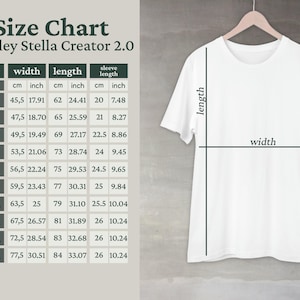 Size chart for the Stanley Stella Creator 2.0 t-shirt, sizes 2XS to 5XL with measurements in cm and inches