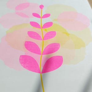 The botanical A3 riso print with its pink leaf pattern, two-layer risograph for a contemporary gallery wall