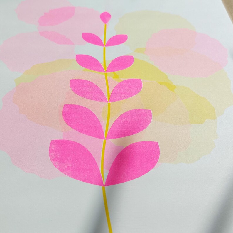 The botanical A3 riso print with its pink leaf pattern, two-layer risograph for a contemporary gallery wall