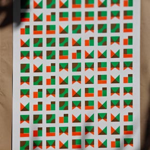 The eco-friendly geometric A3 riso print in green and orange, a signed limited edition art piece
