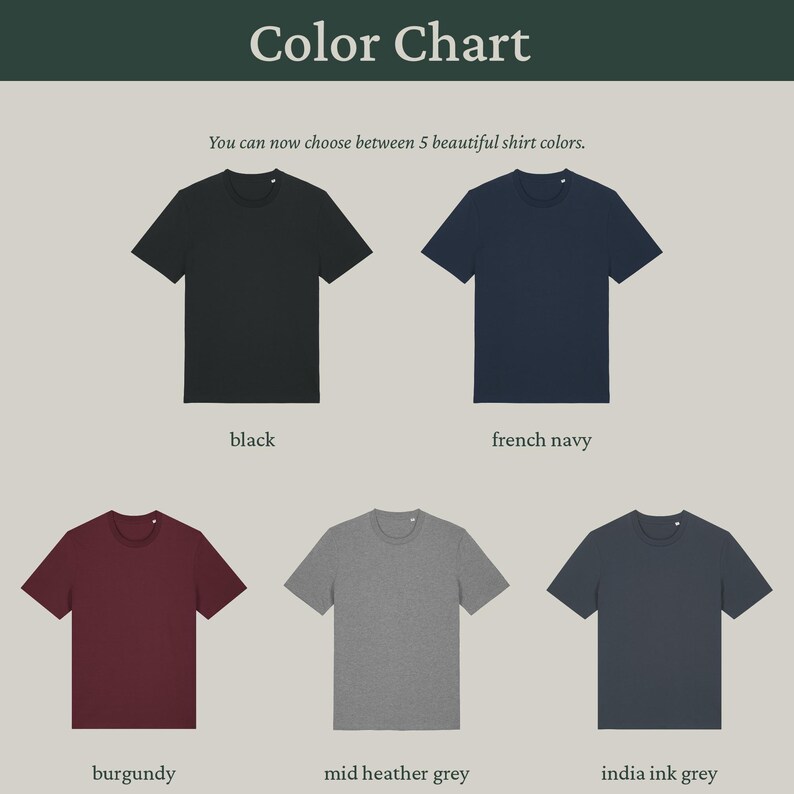 Colour chart for this t-shirt: available in Black, French Navy, Burgundy, Mid Heather Grey and India Ink Grey