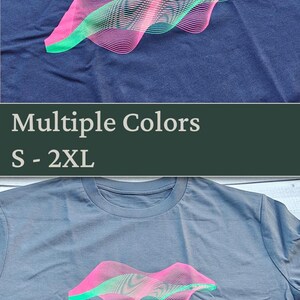 Three-panel collage of the t-shirt — two folded french navy shirts top, close-up showing sinuous pink and green wave surface print labeled Multiple Colors S-2XL middle, detail of the wavy lines bottom
