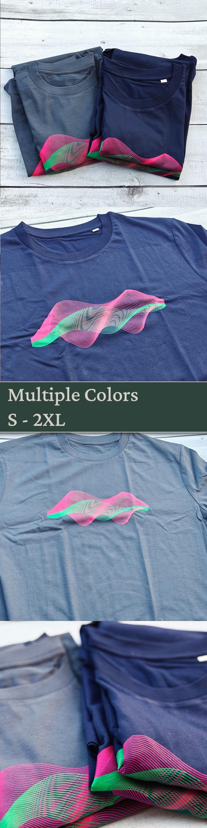 Three-panel collage of the t-shirt — two folded french navy shirts top, close-up showing sinuous pink and green wave surface print labeled Multiple Colors S-2XL middle, detail of the wavy lines bottom
