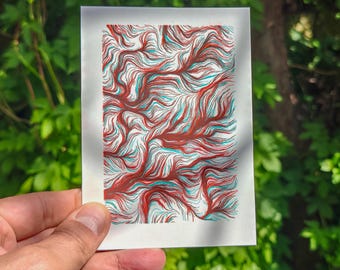 Stampa Riso Linee Fluide formato A6 / Rosso e Turchese / Stampa artistica in edizione limitata realizzata a mano