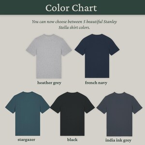 Colour chart showing 5 available shirt colours from the back: heather grey, french navy, stargazer, black and india ink grey