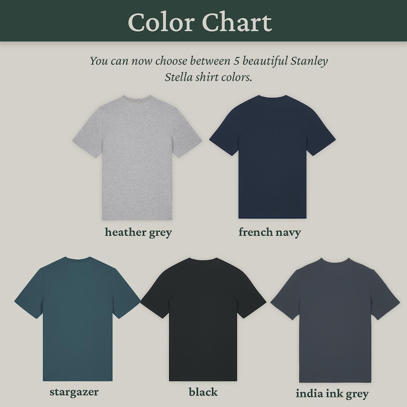 Colour chart showing 5 available shirt colours from the back: heather grey, french navy, stargazer, black and india ink grey