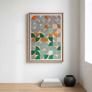 Impressão Risograph com Grade Geométrica | Arte de Parede Retrô Bauhaus, Verde e Laranja (A3)