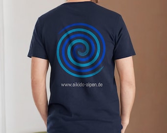 May include: A navy blue t-shirt with a blue and teal spiral design on the back. The text "www.aikido-alpen.de" is printed below the design.