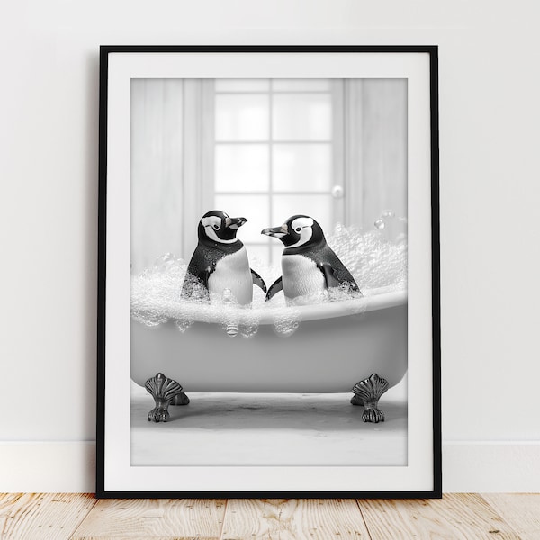 Cute penguins in bath tub printable wall art, DOWNLOADABLE ART, penguin photo, penguin Art, Bathroom Art Print,