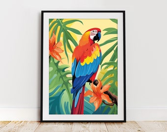 Parrot illustrative digital print in tropical setting, DOWNLOADABLE ART, bird art, digital art download - 5 sizes