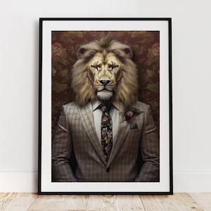 LION Quirky Vintage Portrait, digital art download, Poster Wall Picture Animal Head Human Body Funny Vintage Unusual Home Decor - 5 sizes