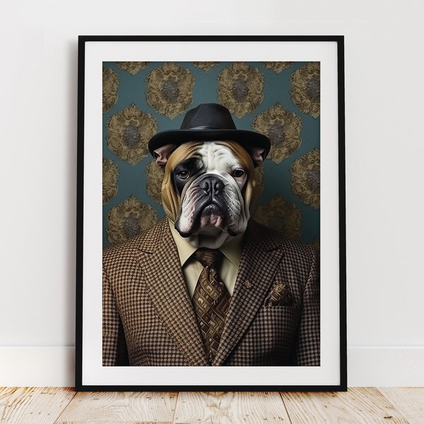 Bulldog Quirky Vintage Portrait, digital art download, Poster Wall Picture Animal Head Human Body Funny Vintage Unusual Home Decor - 5 sizes