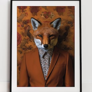May include: A red fox wearing a brown suit with a floral patterned shirt against a background of a floral wallpaper.